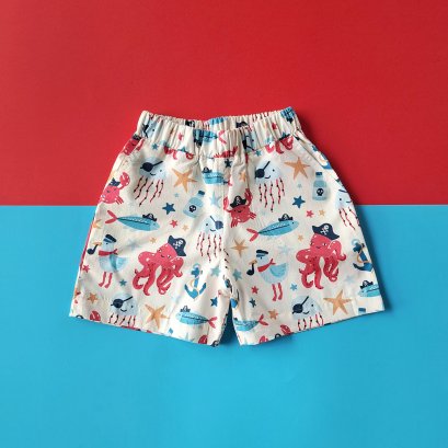 BOYS & GIRLS SEA PIRATE  ELASTIC WAISTBAND SHORTS CREAM  / 100% PRINTED COTTON