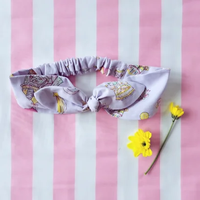 KIDS &amp; ADULTS HEADBAND ELASTIC BACK LET&#039;S CELEBRATE PALE LILAC  100% PRINTED COTTON