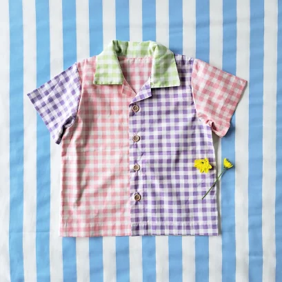 เด็กชาย-หญิง เสื้อเชิ๊ต 100% ผ้าคอตตอนพิมพ์ลายสกอตสลับสีรุ้ง