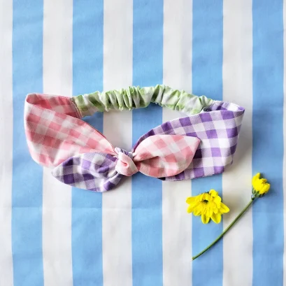 KIDS &amp; ADULTS HEADBAND ELASTIC BACK RAINBOW GINGHAM  100% PRINTED COTTON*PRE-ORDER SHIP OUT 24 AUGUST