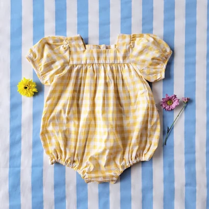 BUTTONS BACK PUFF SLEEVES  YELLOW GINGHAM ROMPER 100% PRINTED COTTON