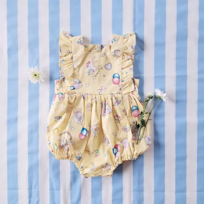 BUTTONS BACK FLUTTER SLEEVES LET&#039;S CELEBRATE YELLOW ROMPER 100% PRINTED COTTON