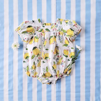 BUTTONS BACK PUFF SLEEVES LEMON ROMPER 100% PRINTED COTTON