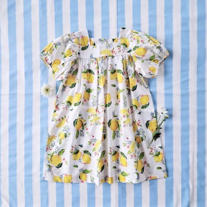 ชุดกระโปรงกระดุมหลังแขนพอง 100% คอตตอนพิมพ์ลายมะนาว