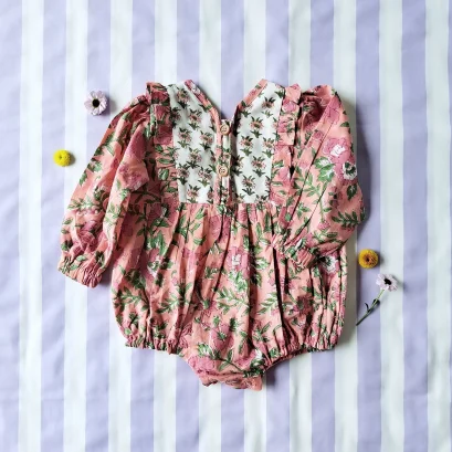 *LIMITED FABRICS -BUTTONS BACK TO FRONT CRAFTED BOHO LONGSLEEVES PINK ROMPER 100% COTTON INDIA HAND BLOCK PRINTED