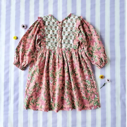 *LIMITED FABRICS -BUTTONS BACK TO FRONT CRAFTED BOHO LONGSLEEVES PINK DRESS 100% COTTON INDIA HAND BLOCK PRINTED