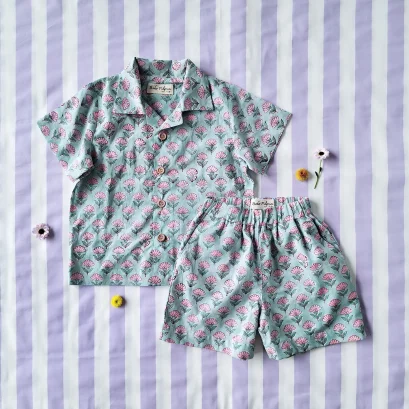 *LIMITED FABRICS BUY IN 1 SET / BOYS &amp; GIRLS CRAFTED BOHO SHIRT +ELASTIC WAISTBAND SHORTS  / 100% COTTON INDIA HAND BLOCK PRINTED