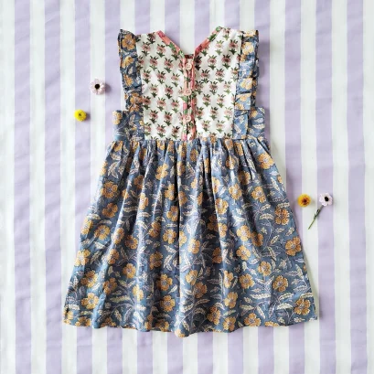 *LIMITED FABRICS -BUTTONS BACK TO FRONT CRAFTED BOHO BLUE DRESS 100% COTTON INDIA HAND BLOCK PRINTED*PRE-ORDER SHIP OUT 16 NOVEMBER