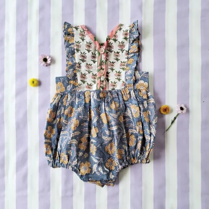 *LIMITED FABRICS -BUTTONS BACK TO FRONT CRAFTED BOHO BLUE ROMPER 100% COTTON INDIA HAND BLOCK PRINTED*PRE-ORDER SHIP OUT 16 NOVEMBER