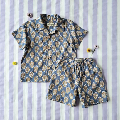 *LIMITED FABRICS BUY IN 1 SET / BOYS & GIRLS CRAFTED BOHO SHIRT +ELASTIC WAISTBAND SHORTS  / 100% COTTON INDIA HAND BLOCK PRINTED