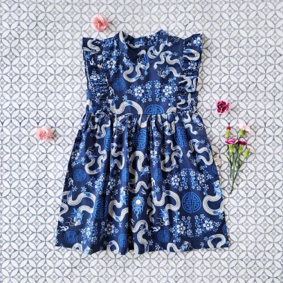 ชุดกระโปรงคอจีน กระดุมหลัง 100%  คอตตอน ผ้าพิมพ์ลายมังกรสีน้ำเงิน