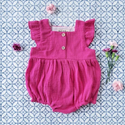 BUTTONS FRONT FLUTTER SLEEVES LILAC ROMPER 100% SOFT MUSLIN COTTON FUCHSIA PINK