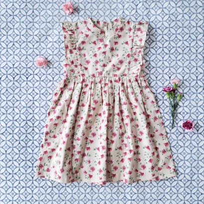 ชุดกระโปรงคอจีนกระดุมหลัง 100% ผ้าคอตตอน พิมพ์ลายดอกท้อ สีครีม *สินค้าสั่งจองล่วงหน้า ส่งสินค้าออก 7 ธันวาคม