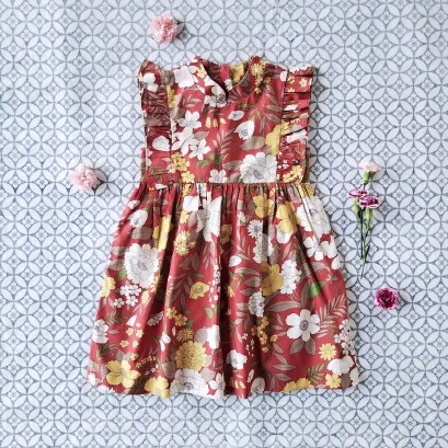 ชุดกระโปรงคอจีนกระดุมหลัง 100% คอตตอน ผ้าพิมพ์ลายดอกไม้นำโชค สีแดง *สินค้าสั่งจองล่วงหน้า ส่งสินค้าออก 30 พฤศจิกายน