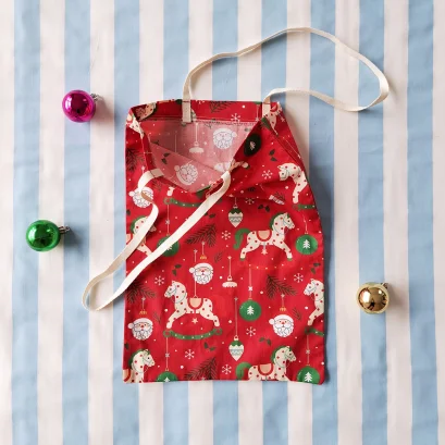REUSEABLE GIFT BAG LEMON 100% PRINTED COTTON XMAS RED