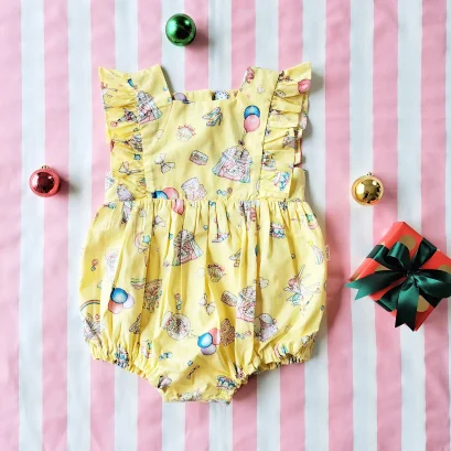BUTTONS BACK ROMPER 100% COTTON LET'S CELEBRATE YELLOW