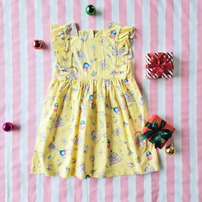 BUTTONS BACK DRESS 100% COTTON LET'S CELEBRATE YELLOW