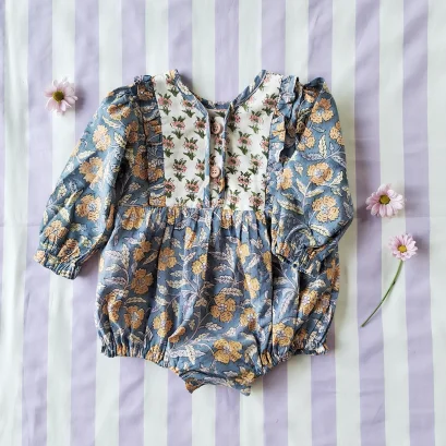 *LIMITED FABRICS -BUTTONS BACK TO FRONT CRAFTED BOHO LONGSLEEVES BLUE ROMPER 100% COTTON INDIA HAND BLOCK PRINTED*PRE-ORDER SHIP OUT 16 NOVEMBER