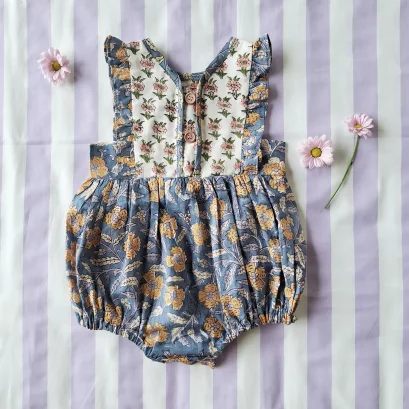 *LIMITED FABRICS -BUTTONS BACK TO FRONT CRAFTED BOHO BLUE ROMPER 100% COTTON INDIA HAND BLOCK PRINTED*PRE-ORDER SHIP OUT 16 NOVEMBER