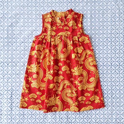 MANDARIN COLLAR BUTTONS BACK SLEEVELESS DRESS 100%  PRINTED COTTON RED DRAGON