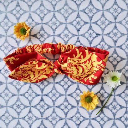 KIDS &amp; ADULTS  HEADBAND ELASTIC BACK 100% PRINTED COTTON RED DRAGON