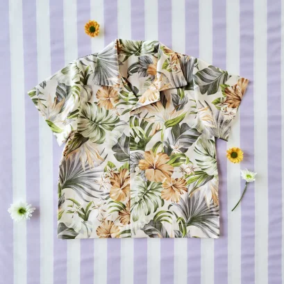 เด็กชาย-หญิง เสื้อเชิ๊ต 100% ผ้าคอตตอนพิมพ์ลายฮาวายสีกากี