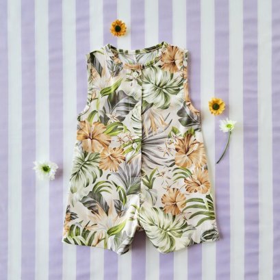 ชุดรอมเปอร์กระดุมหน้าใส่ได้ทั้งชายหญิง เปิดเป้าเปลี่ยนผ้าออ้อมได้ 100% คอตตอนพิมพ์ลายฮาวายสีกากี