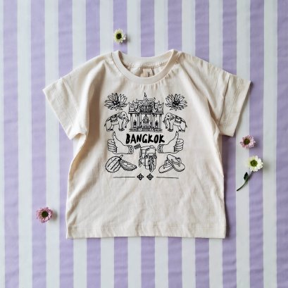 เสื้อยืดลายสวรรค์กรุงเทพทรงหลวม 100% คอตตอนธรรมชาติไม่ฟอก