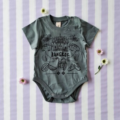 ชุดบอดี้สูทเปิดเป้าได้  ลายสวรรค์กรุงเทพ 100% คอตตอน สีเทาเขียว
