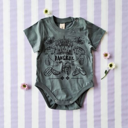 ชุดบอดี้สูทเปิดเป้าได้  ลายสวรรค์กรุงเทพ 100% คอตตอน สีเทาเขียว