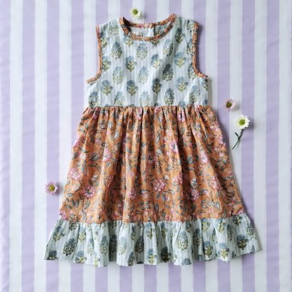 BUTTONS BACK CRAFTED BOHO  DRESS 100%  COTTON INDIA HAND BLOCK PRINTED*予約注文は3月13日に発送されます * PRE-ORDER SHIP OUT 13 MARCH