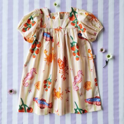 BUTTONS BACK PUFF SLEEVES DRESS 100% PRINTED COTTON SUMMER SEA *予約注文は3月13日に発送されます * PRE-ORDER SHIP OUT 13 MARCH