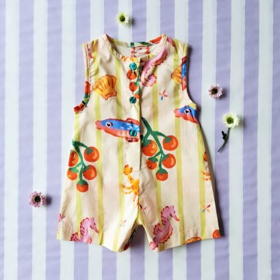 ชุดรอมเปอร์กระดุมหน้าใส่ได้ทั้งชายหญิง เปิดเป้าเปลี่ยนผ้าออ้อมได้ 100% ผ้าคอตตอนพิมพ์ลายทะเลหน้าร้อน