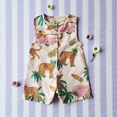 ชุดรอมเปอร์กระดุมหน้าใส่ได้ทั้งชายหญิง เปิดเป้าเปลี่ยนผ้าออ้อมได้ 100% ผ้าคอตตอนพิมพ์ลายเสือจากัวร์