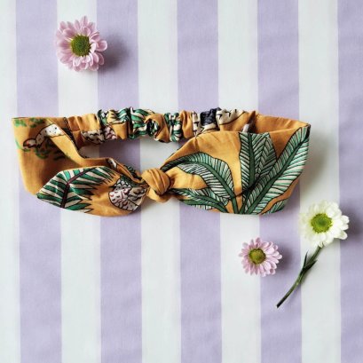 KIDS &amp; ADULTS  HEADBAND ELASTIC BACK 100% COTTON INDIAN HAND BLOCK PRINTED JUNGLE MUSTARD*予約注文は3月13日に発送されます * PRE-ORDER SHIP OUT 13 MARCH