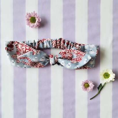 KIDS &amp; ADULTS  HEADBAND ELASTIC BACK 100% COTTON INDIAN HAND BLOCK PRINTED BENGAL TIGER BLUE GREY*予約注文は3月13日に発送されます * PRE-ORDER SHIP OUT 13 MARCH