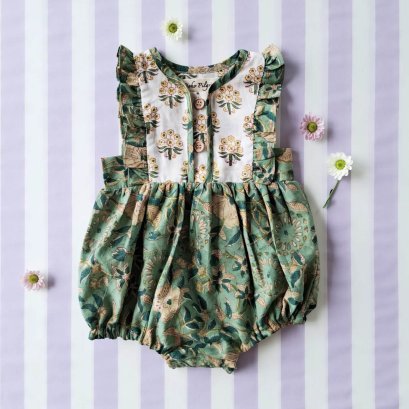 BUTTONS BACK TO FRONT CRAFTED BOHO BLUE ROMPER 100% COTTON INDIAN HAND BLOCK PRINTED*予約注文は3月13日に発送されます * PRE-ORDER SHIP OUT 13 MARCH