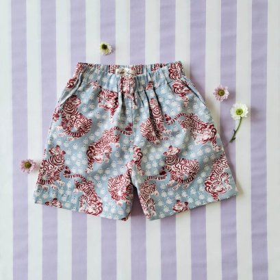 BOYS &amp; GIRLS ELASTIC WAISTBAND SHORTS / 100% COTTON INDIAN HAND BLOCK PRINTED BENGAL TIGER BLUE GREY*予約注文は3月13日に発送されます * PRE-ORDER SHIP OUT 13 MARCH