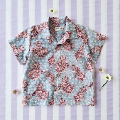 BOYS &amp; GIRLS SHIRT/ 100% COTTON INDIAN HAND BLOCK PRINTED BENGAL TIGER BLUE GREY*予約注文は3月13日に発送されます * PRE-ORDER SHIP OUT 13 MARCH