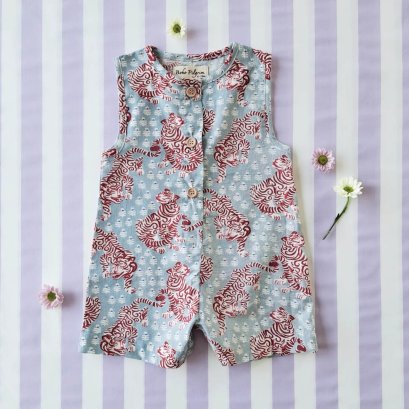 BOYS &amp; GIRLS ROMPER 100% COTTON INDIAN HAND BLOCK PRINTED BENGAL TIGER BLUE GREY*予約注文は3月13日に発送されます * PRE-ORDER SHIP OUT 13 MARCH