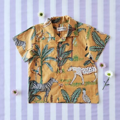 BOYS &amp; GIRLS SHIRT/ 100% COTTON INDIAN HAND BLOCK PRINTED JUNGLE MUSTARD*予約注文は3月13日に発送されます * PRE-ORDER SHIP OUT 13 MARCH