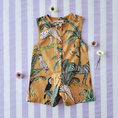 BOYS &amp; GIRLS ROMPER 100% COTTON INDIAN HAND BLOCK PRINTED JUNGLE MUSTARD*予約注文は3月13日に発送されます * PRE-ORDER SHIP OUT 13 MARCH