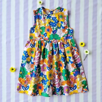 BUTTONS BACK DRESS  100% PRINTED COTTON SUMMER FLOWERS