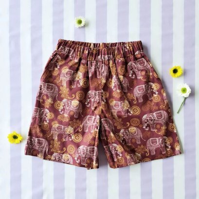 เด็กชาย-หญิง กางเกงเอวยางยืด มีกระเป๋าล้วงข้าง 100%คอตตอนพิมพ์ลายช้างสีน้ำตาลแดง
