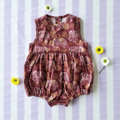 BUTTONS BACK MARROON  ELEPHANT ROMPER 100% PRINTED COTTON