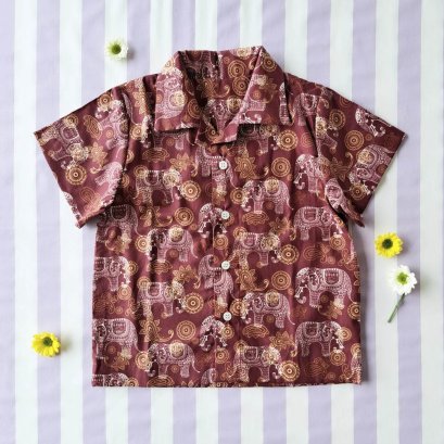 เด็กชาย-หญิง เสื้อเชิ๊ต 100% ผ้าคอตตอนพิมพ์ลายช้างสีน้ำตาลอมแดง