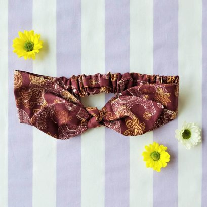 ที่คาดผมเด็ก และ ผู้ใหญ่ แบบยางยืดเฉพาะช่วงท้ายทอยด้านหลัง โบว์ใหญ่ ยางนิ่มไม่เจ็บศรีษะ  100%คอตตอนพิมพ์ลายช้างสีแดงอิฐ