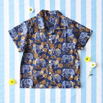 เด็กชาย-หญิง เสื้อเชิ๊ต 100% ผ้าคอตตอนพิมพ์ลายช้างสีน้ำเงินกรม
