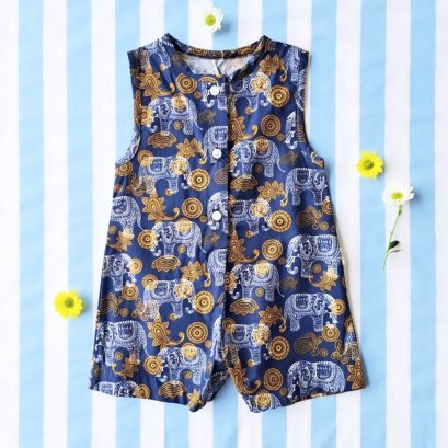 ชุดรอมเปอร์กระดุมหน้าใส่ได้ทั้งชายหญิง เปิดเป้าเปลี่ยนผ้าออ้อมได้ ผ้าคอตตอนพิมพ์ลายช้างสีน้ำเงินกรม