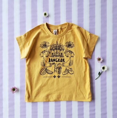 เสื้อยืดลายสวรรค์กรุงเทพทรงหลวม 100% คอตตอนสีเหลืองทอง *สินค้าสั่งจองล่วงหน้า ส่งสินค้าออก 13 มีนาคม